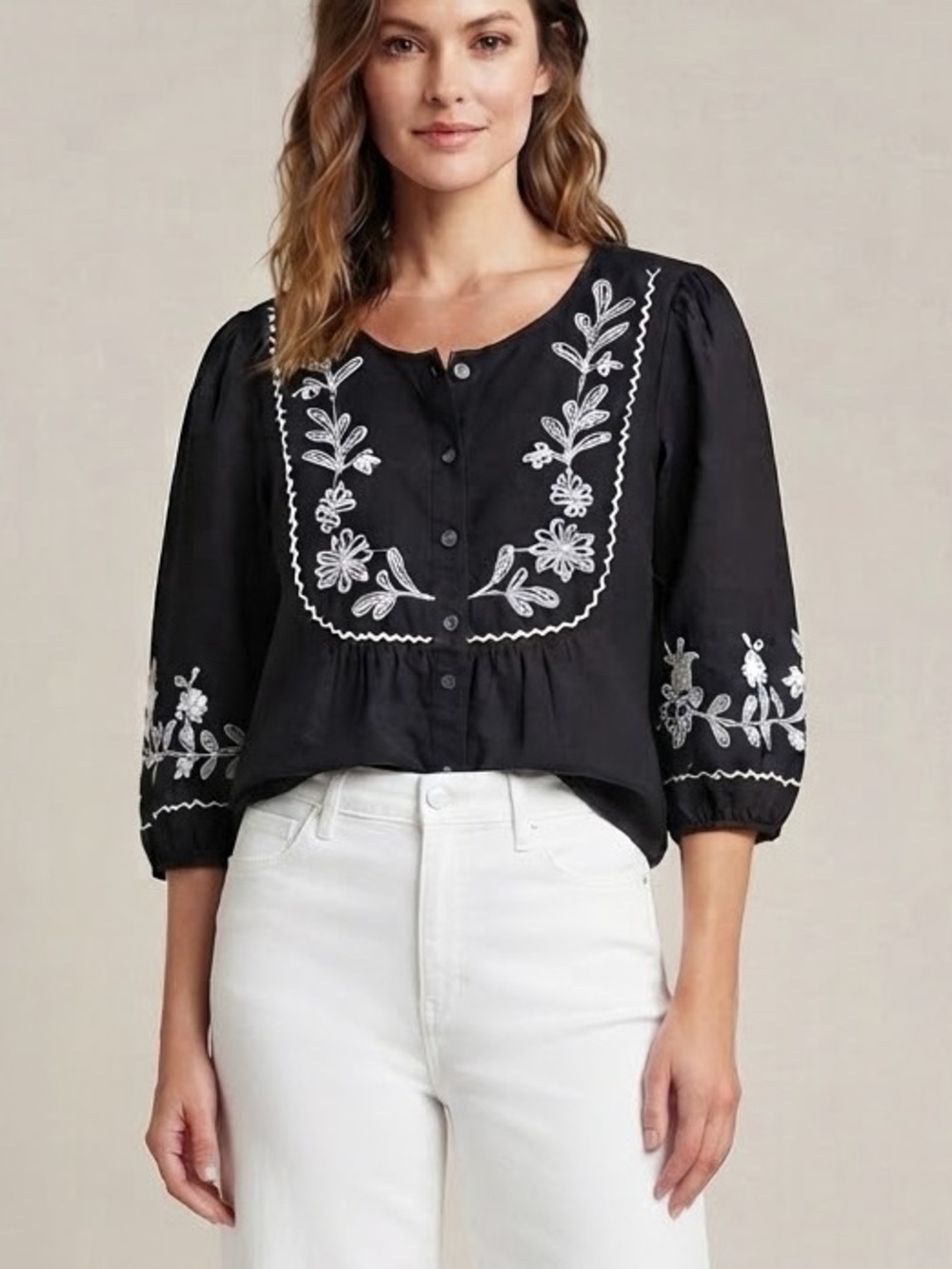 Embroidered Button-Front Blouse in Black Boho Festival Cottagecore NWT